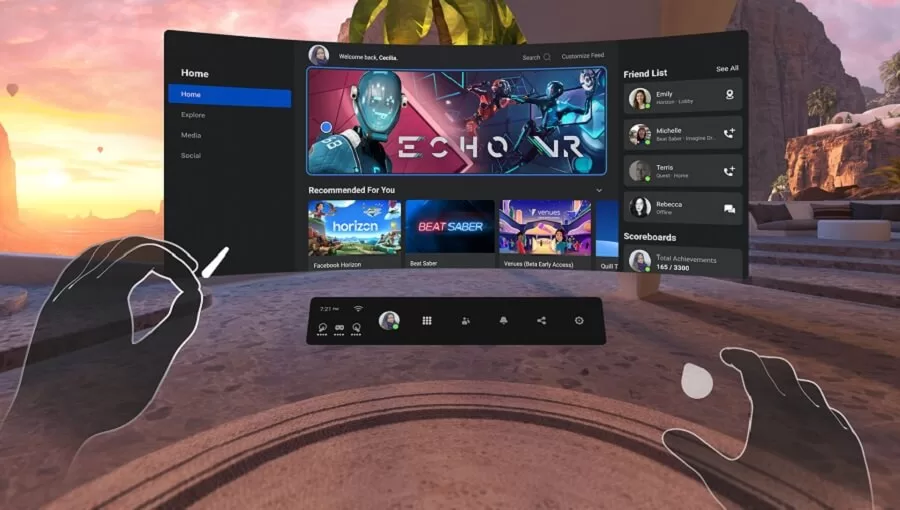 A screenshot from the quest 2 home environment showing hand tracking